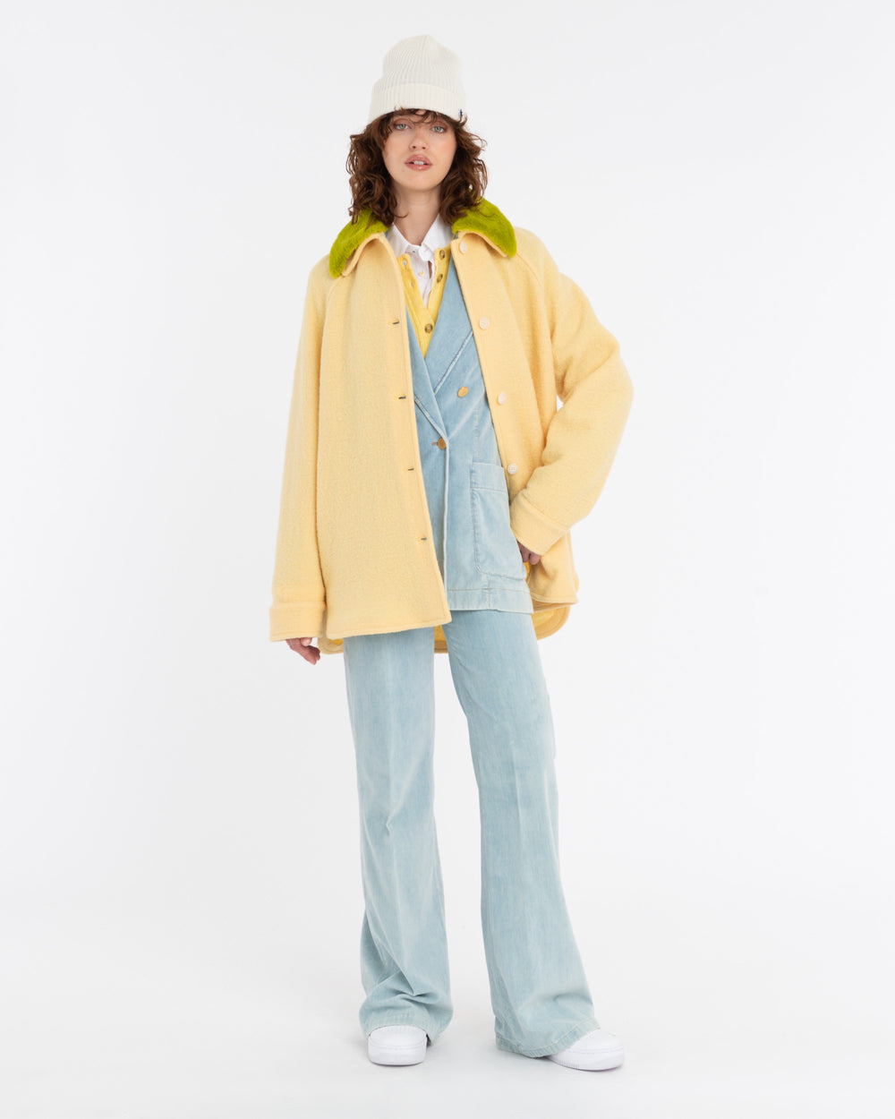 yellow boiled wool overshirt with fake fur collar