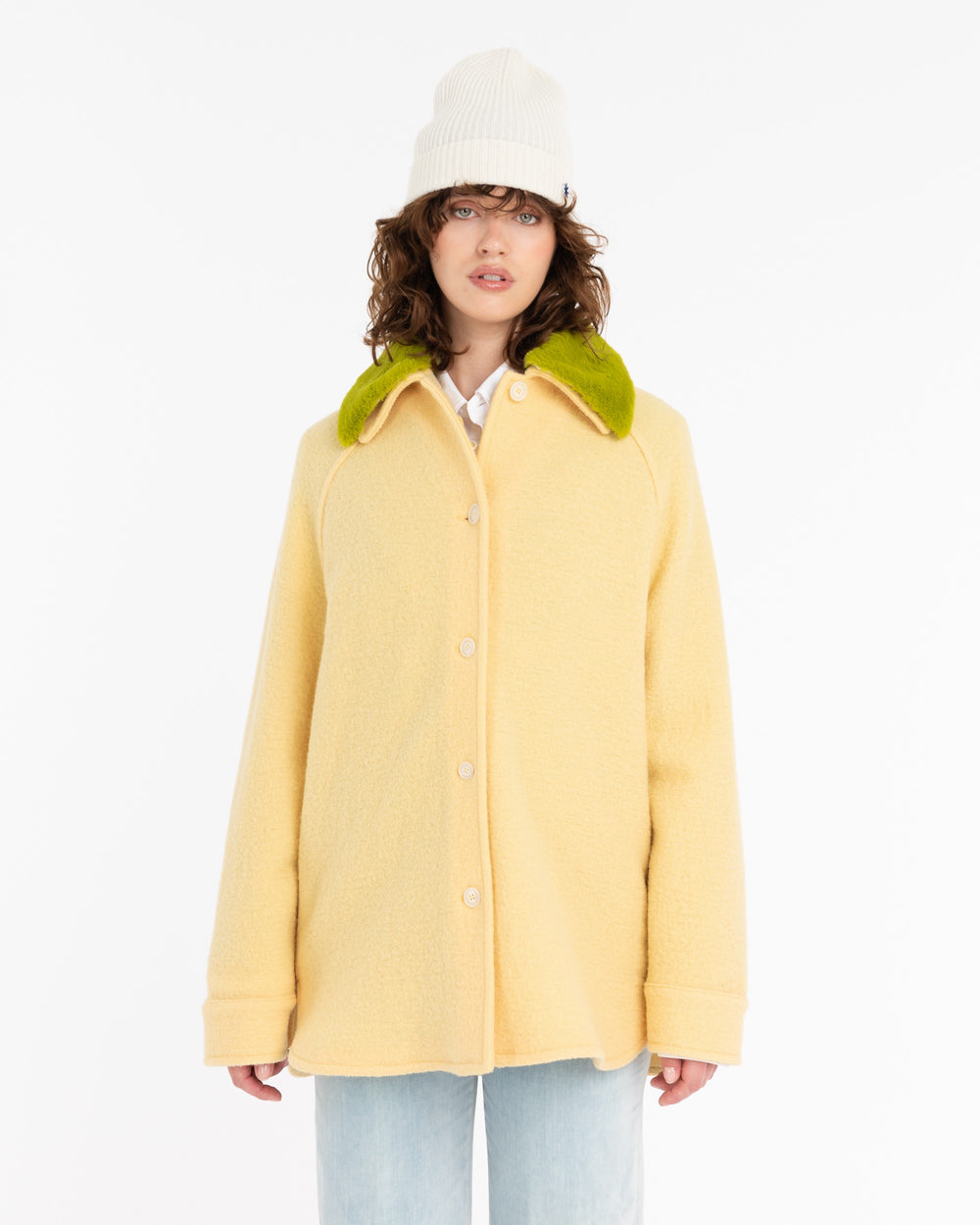 yellow boiled wool overshirt with fake fur collar