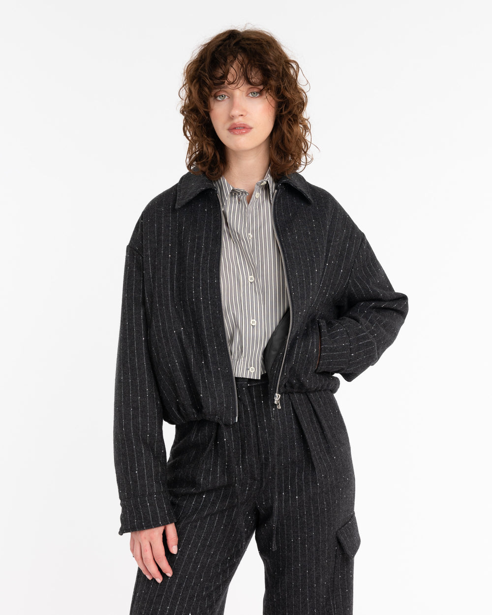 gray micro sequin pinstripe cropped jacket