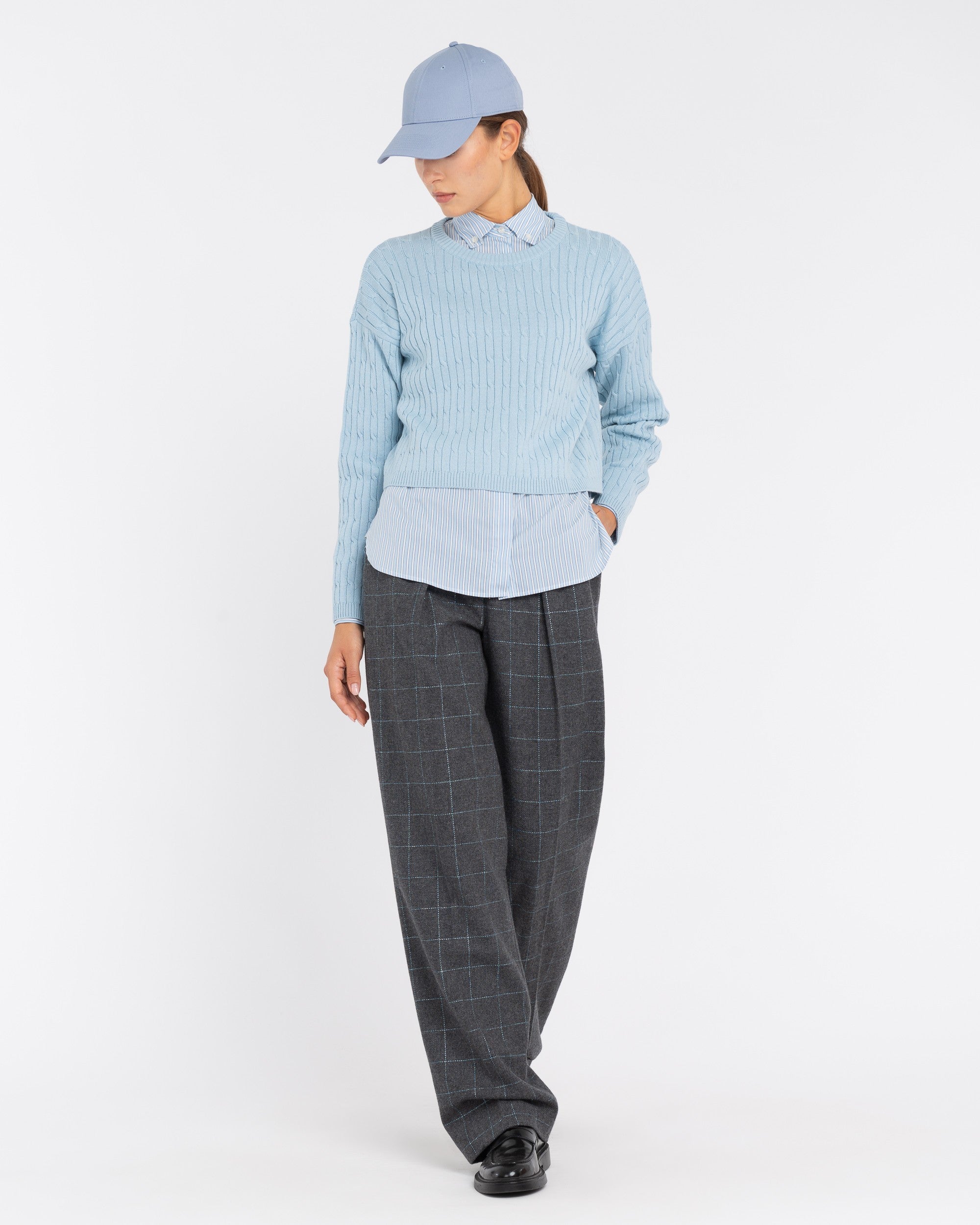 Gray pants blue sweater best sale