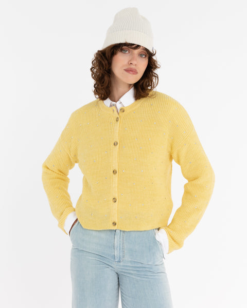 yellow english rib cardigan with appliqués