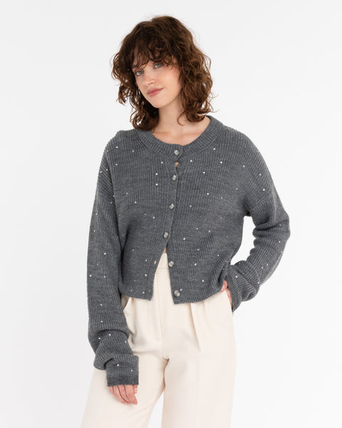 gray english rib cardigan with appliqués