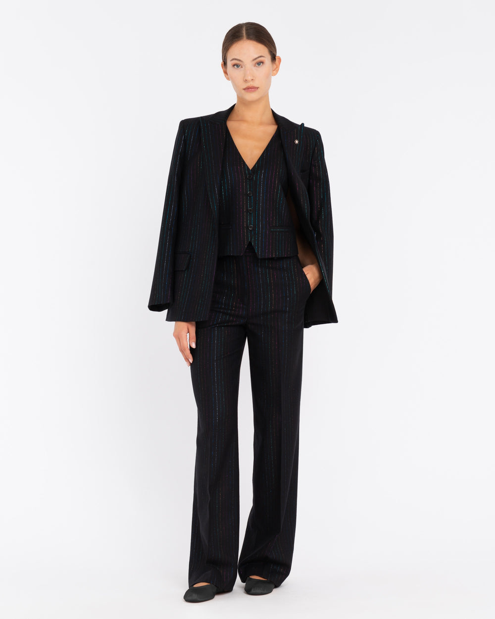 black wool blend lurex striped trousers