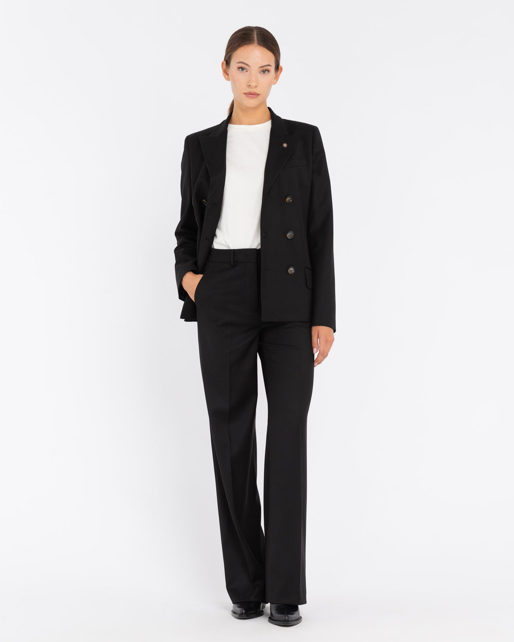 black straight poly viscose stretch trousers