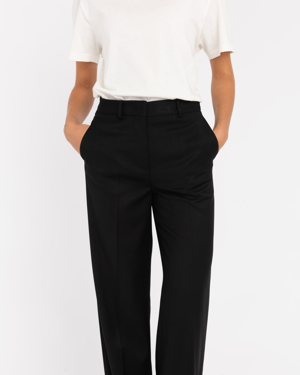 black straight poly viscose stretch trousers