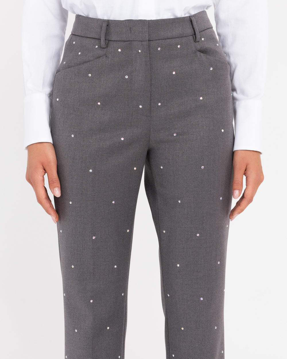 gray trousers with poly viscose stretch appliqués