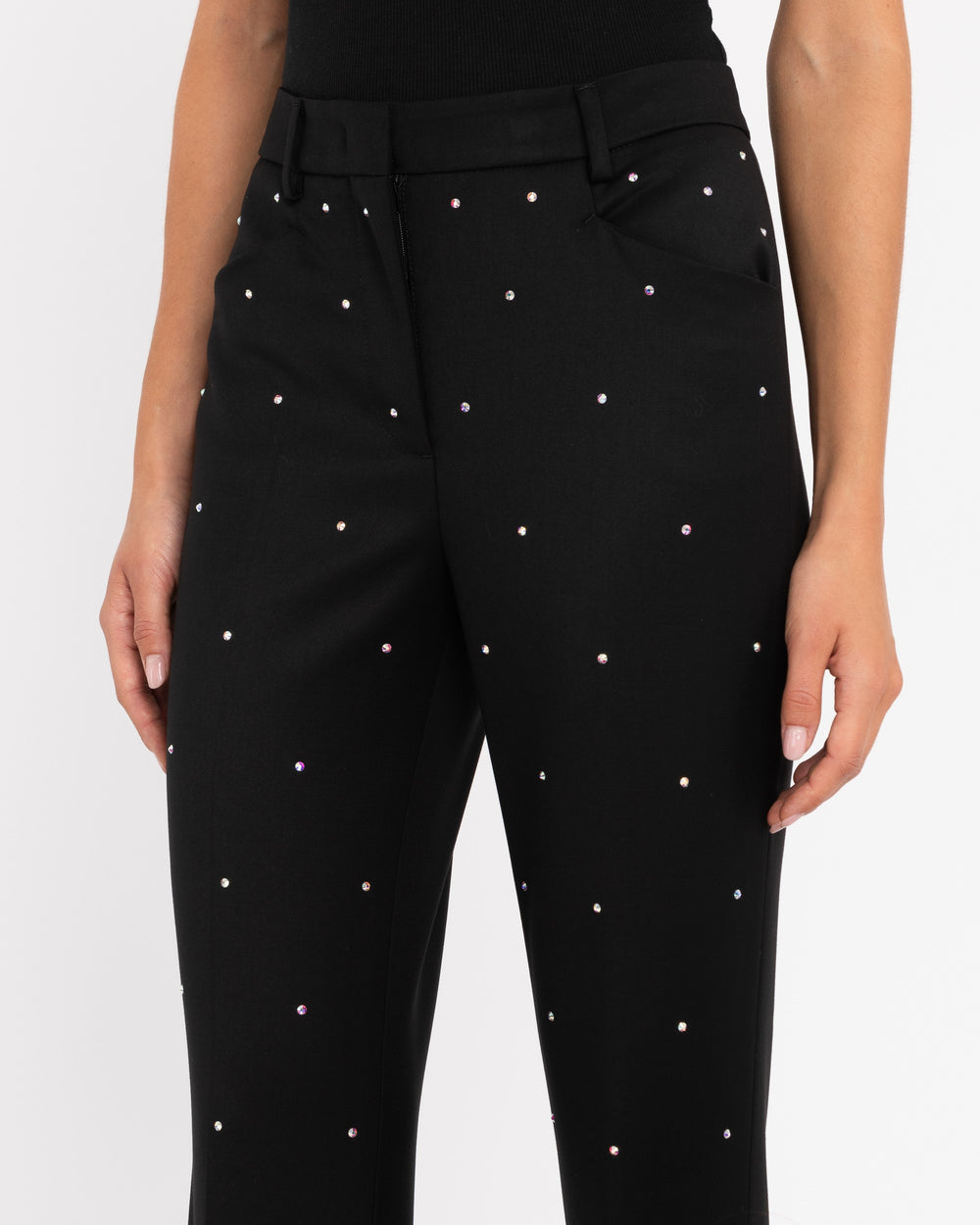 black trousers with poly viscose stretch appliqués