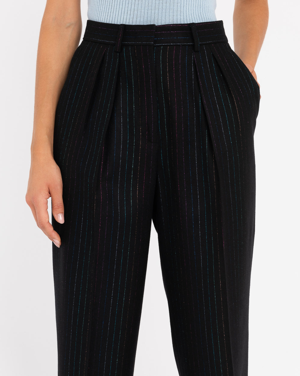 black double pleat lurex striped wool blend trousers