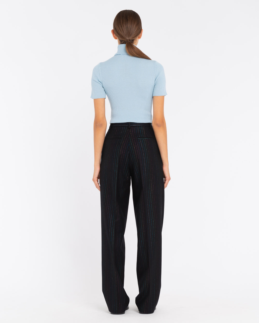 black double pleat lurex striped wool blend trousers