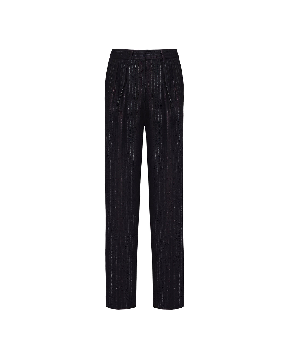 black double pleat lurex striped wool blend trousers