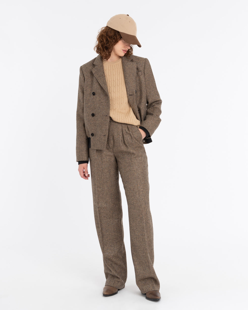 brown lurex wool blend double pleat trousers