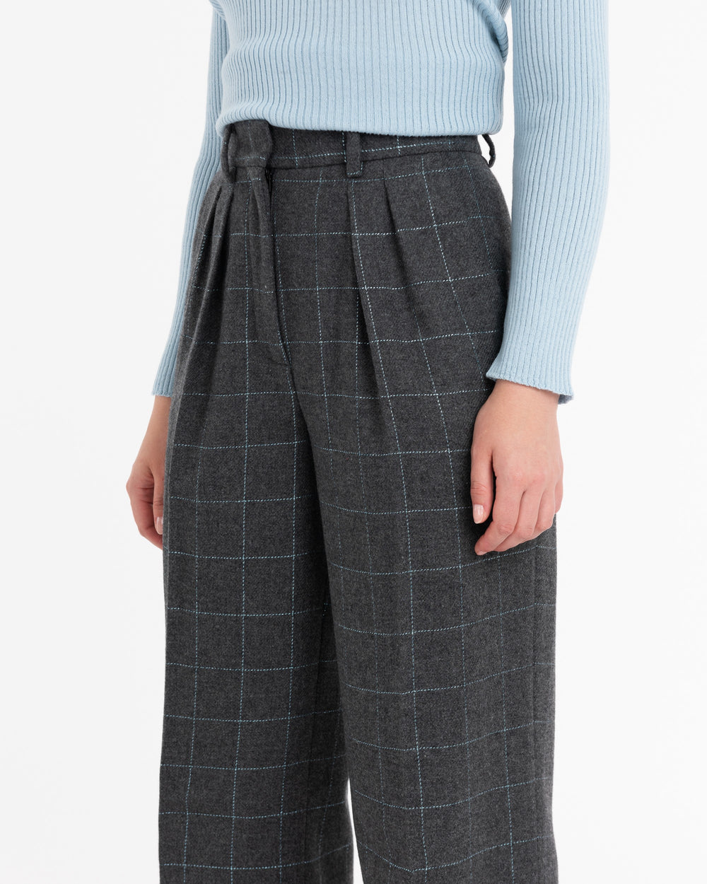 gray double pleated square lurex wool blend trousers