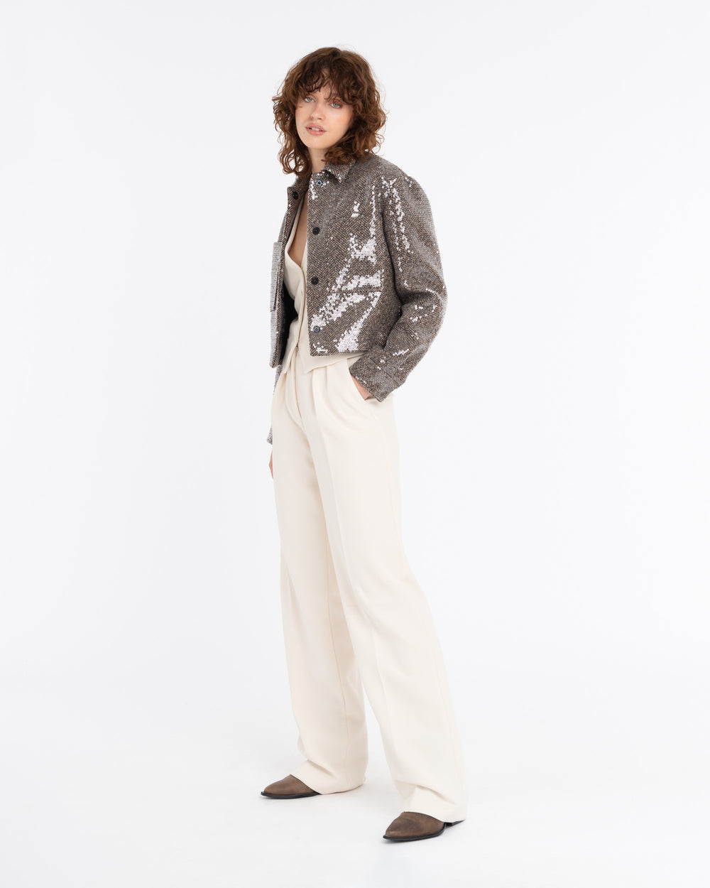 white double pleat poly viscose stretch trousers