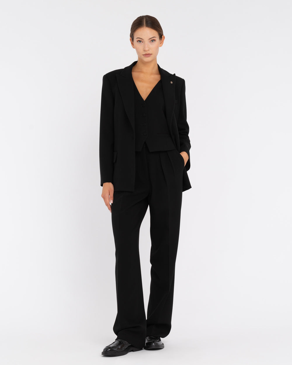 black double pleat poly viscose stretch trousers