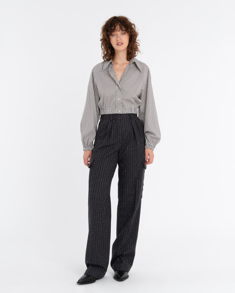 gray micro sequin pinstripe cargo trousers