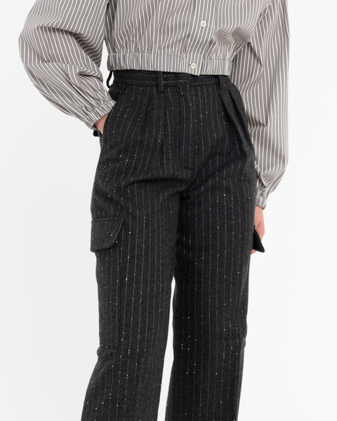 gray micro sequin pinstripe cargo trousers