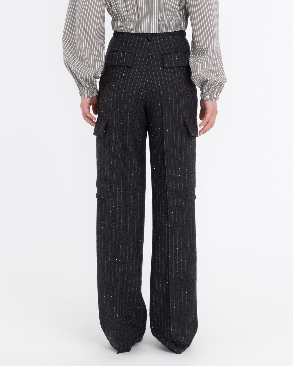 gray micro sequin pinstripe cargo trousers