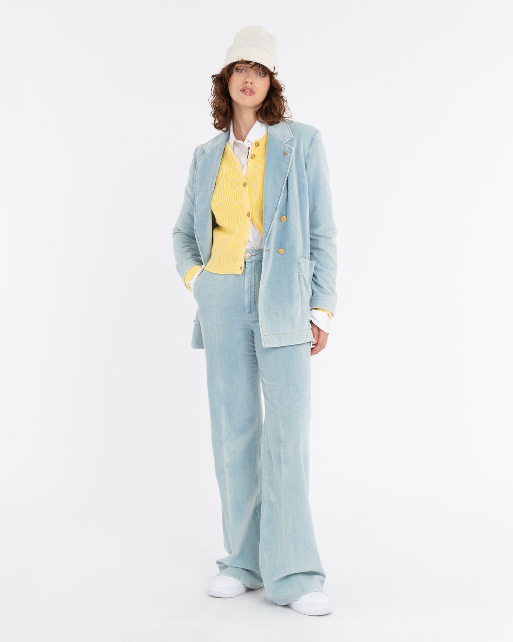 light blue plain velvet washed trousers