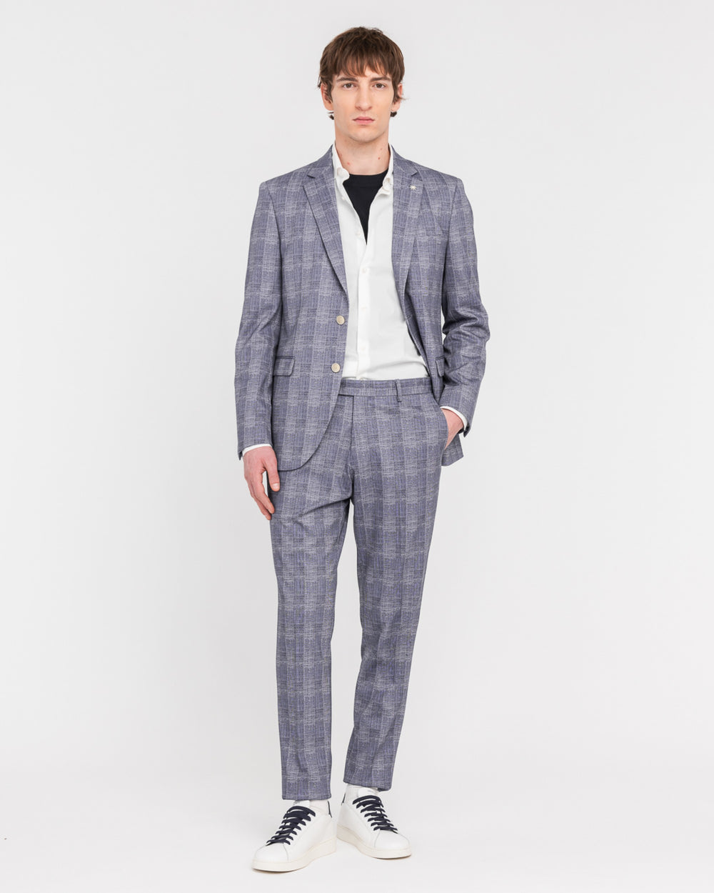 blue stretch galles jersey suit