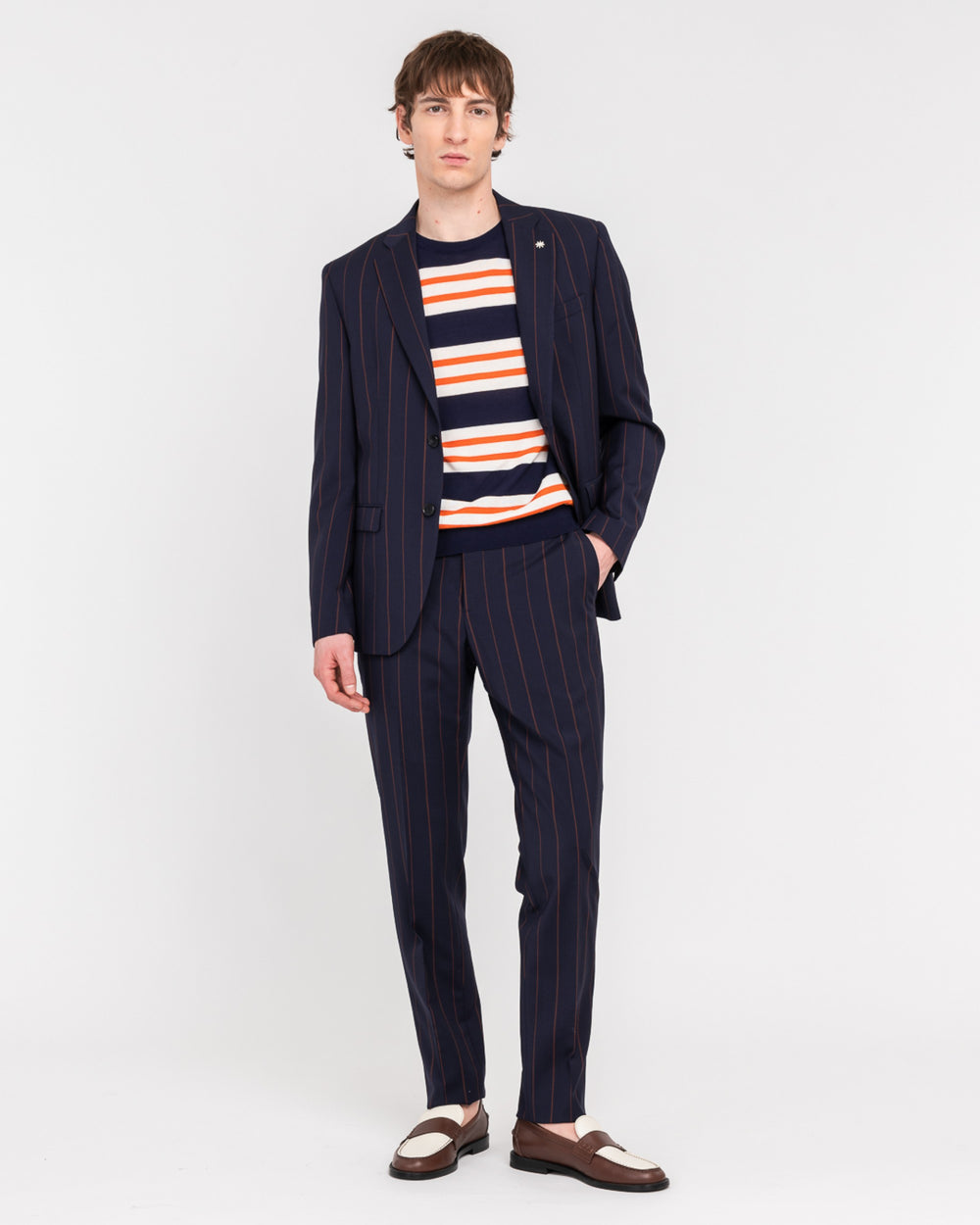 blue natural stretch wool pinstripe slim suit