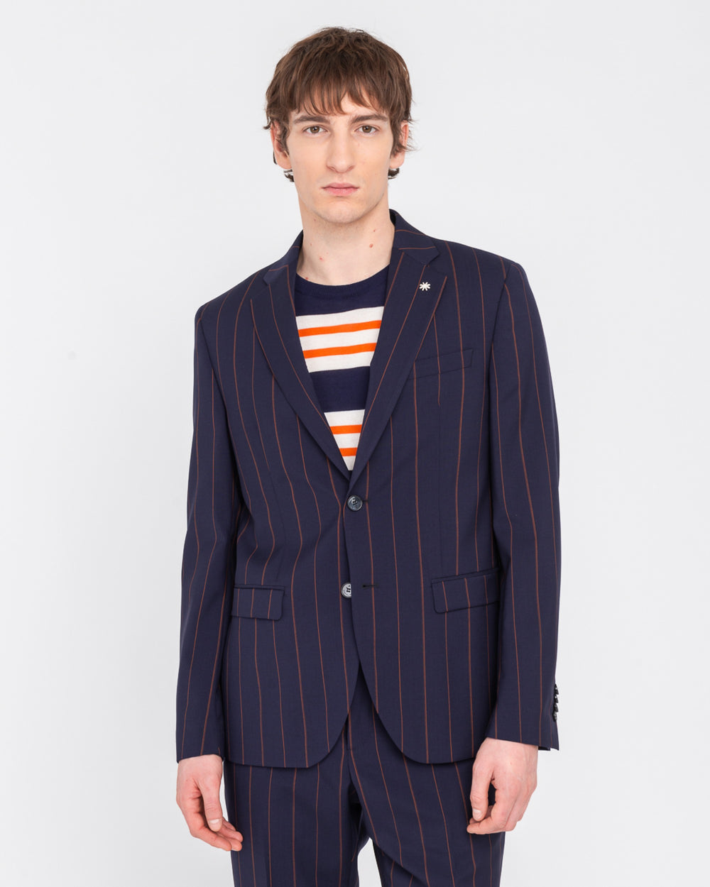 blue natural stretch wool pinstripe slim suit