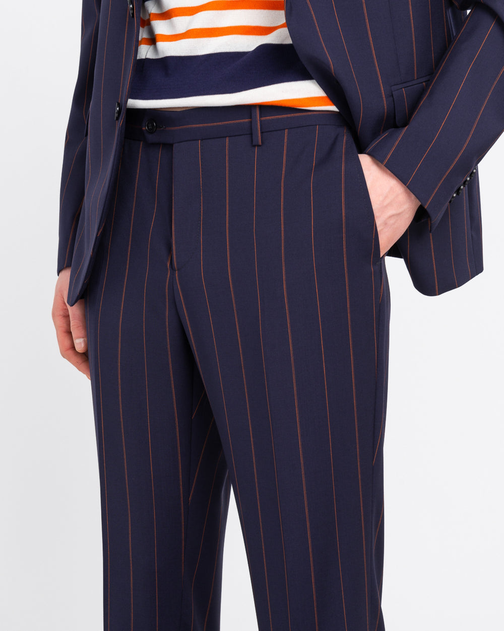 blue natural stretch wool pinstripe slim suit