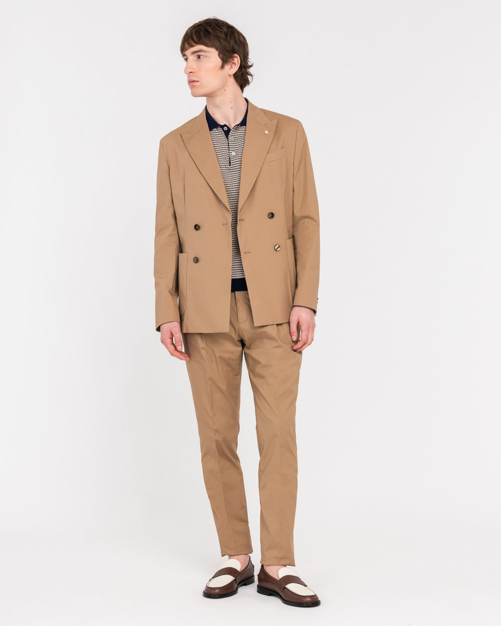 beige double breasted stretch poplin suit