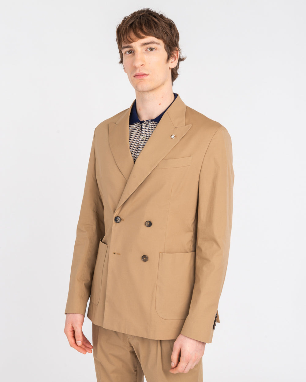 beige double breasted stretch poplin suit