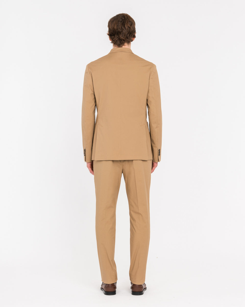 beige double breasted stretch poplin suit