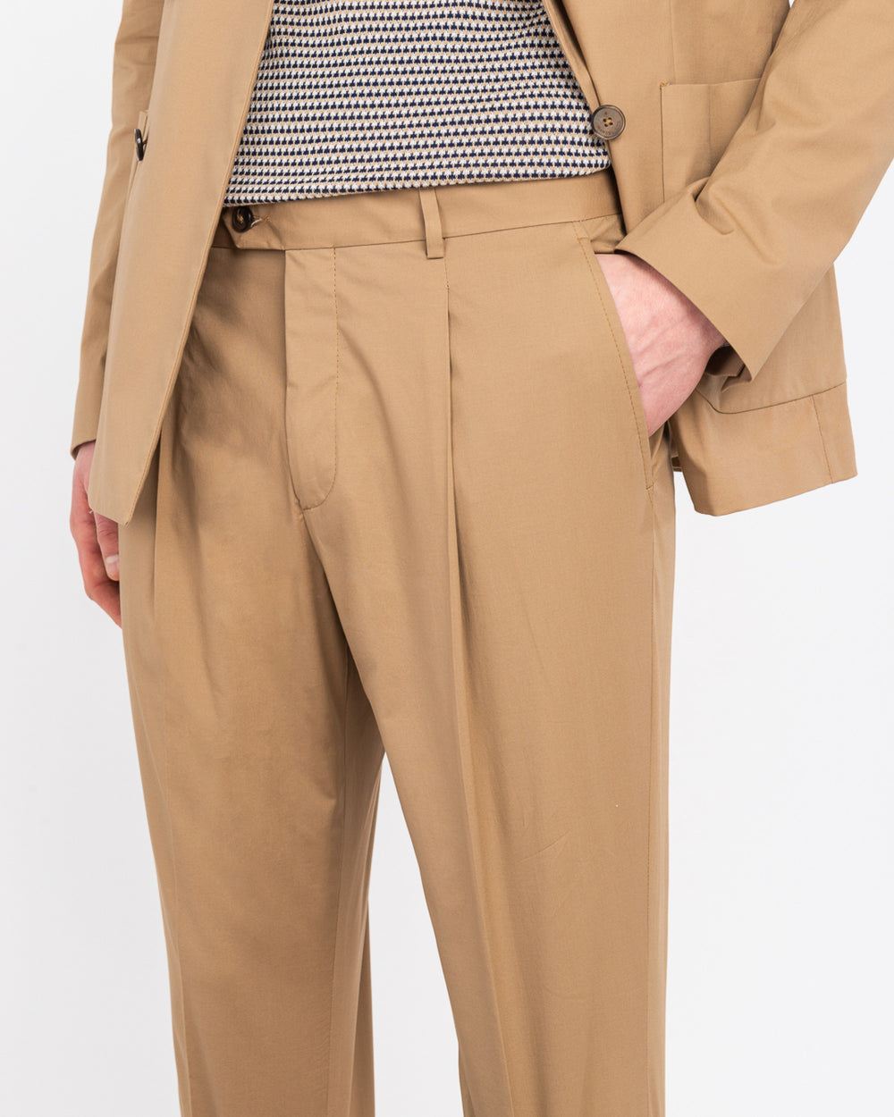 beige double breasted stretch poplin suit