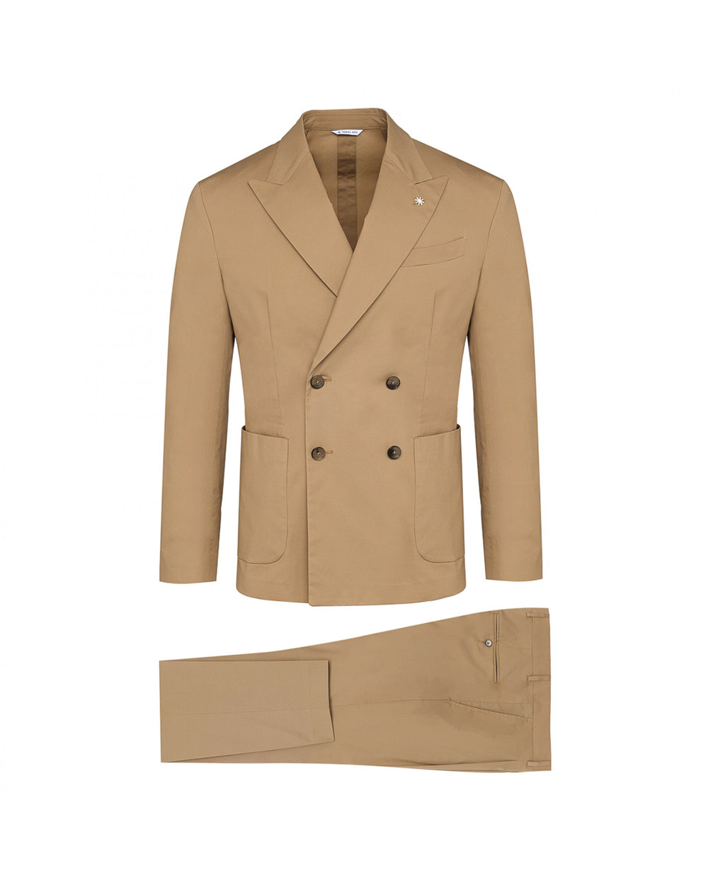 beige double breasted stretch poplin suit