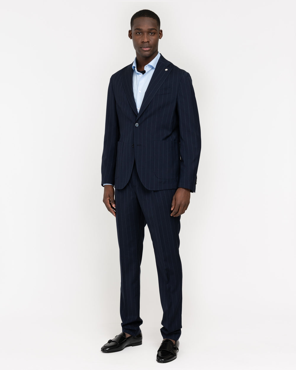 blue natural stretch wool slim pinstripe suit