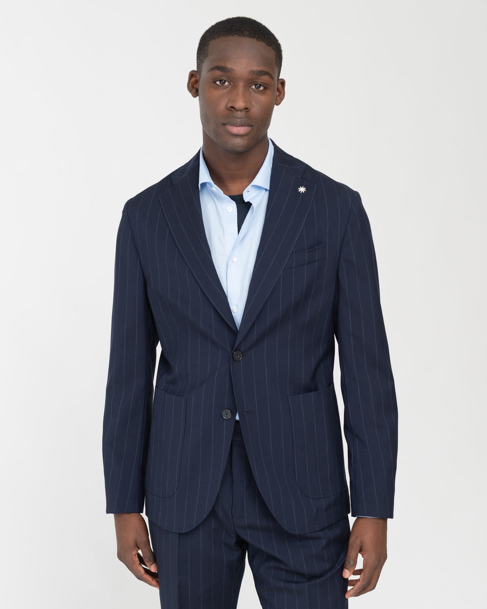 blue natural stretch wool slim pinstripe suit