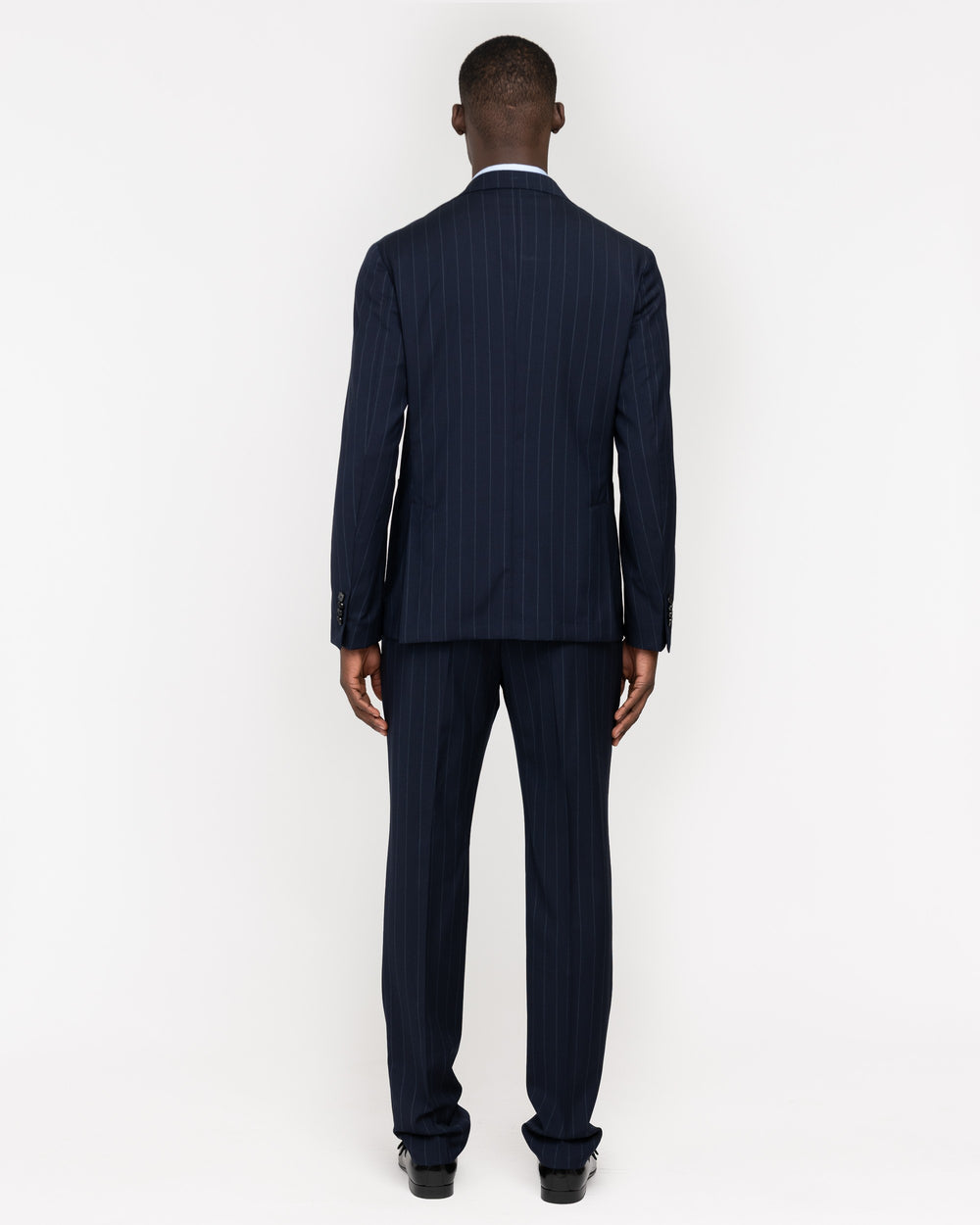 blue natural stretch wool slim pinstripe suit