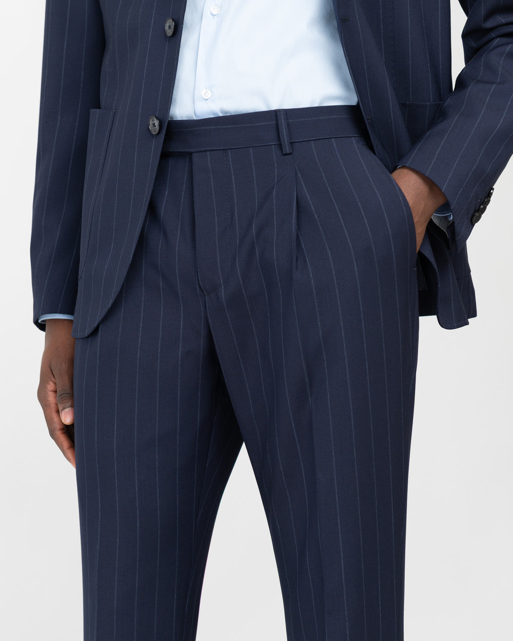 blue natural stretch wool slim pinstripe suit