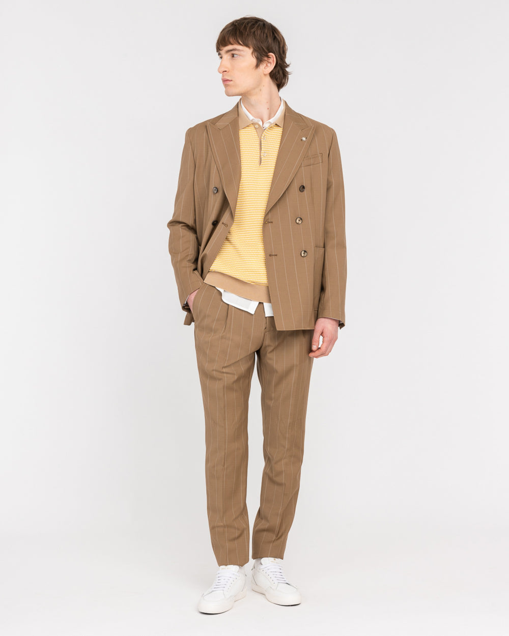 beige double breasted pinstripe natural stretch wool suit