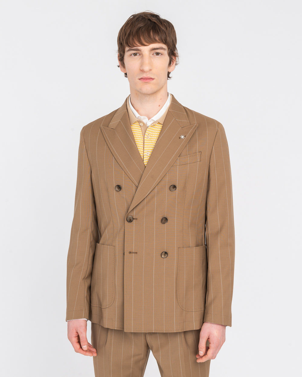 beige double breasted pinstripe natural stretch wool suit