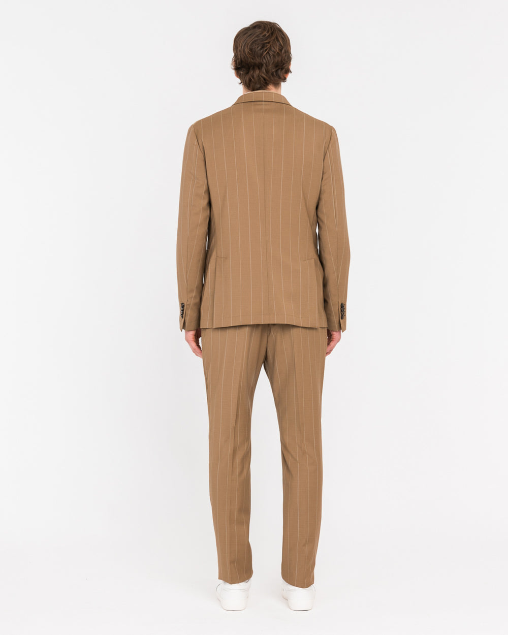 beige double breasted pinstripe natural stretch wool suit