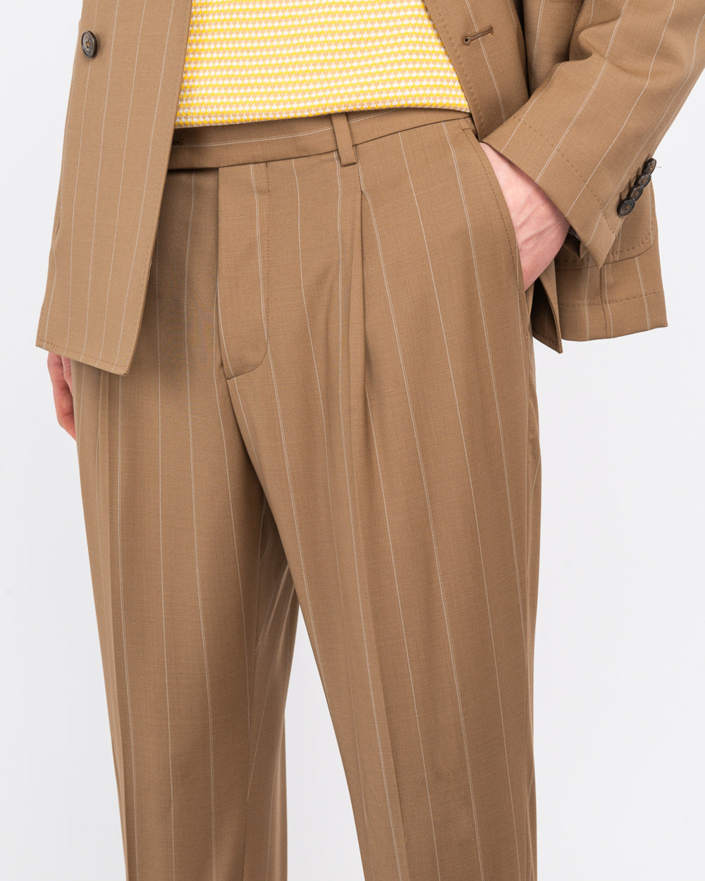 beige double breasted pinstripe natural stretch wool suit