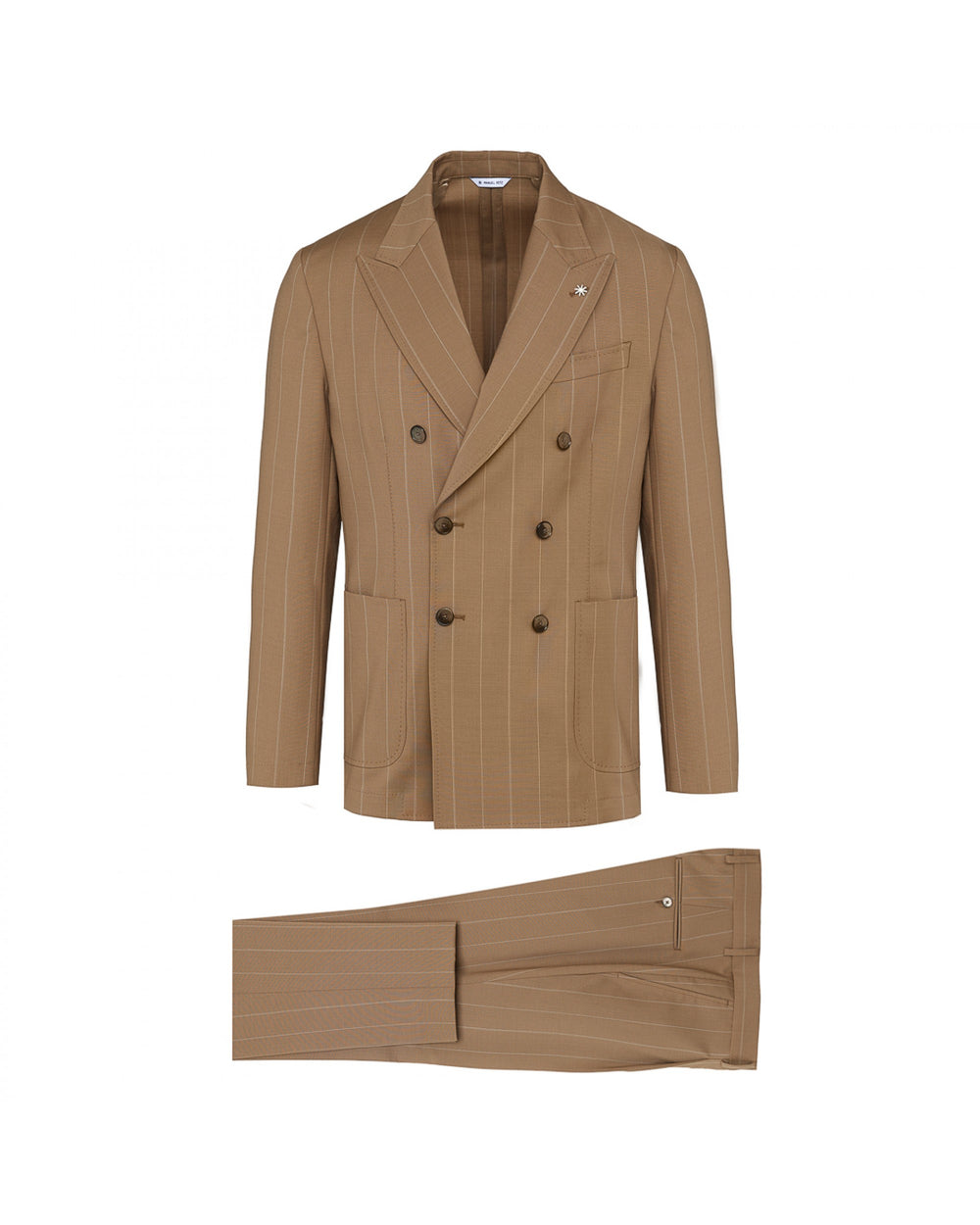 beige double breasted pinstripe natural stretch wool suit