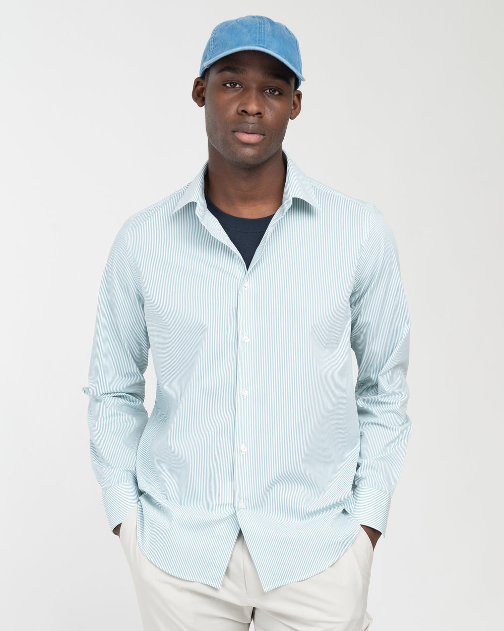 green stretch cotton striped shirt