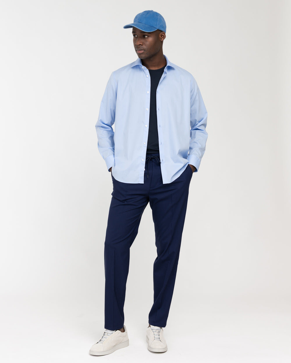 sky blue stretch poplin button down shirt