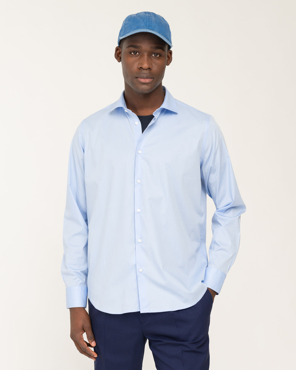 sky blue stretch poplin button down shirt