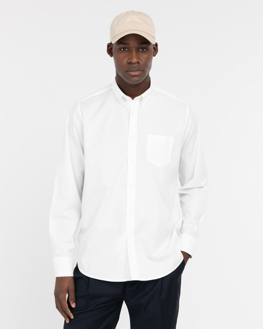 white stretch poplin button down shirt