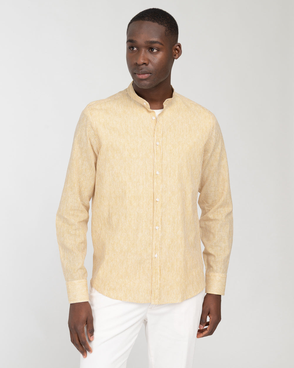 yellow linen cotton stripe print shirt