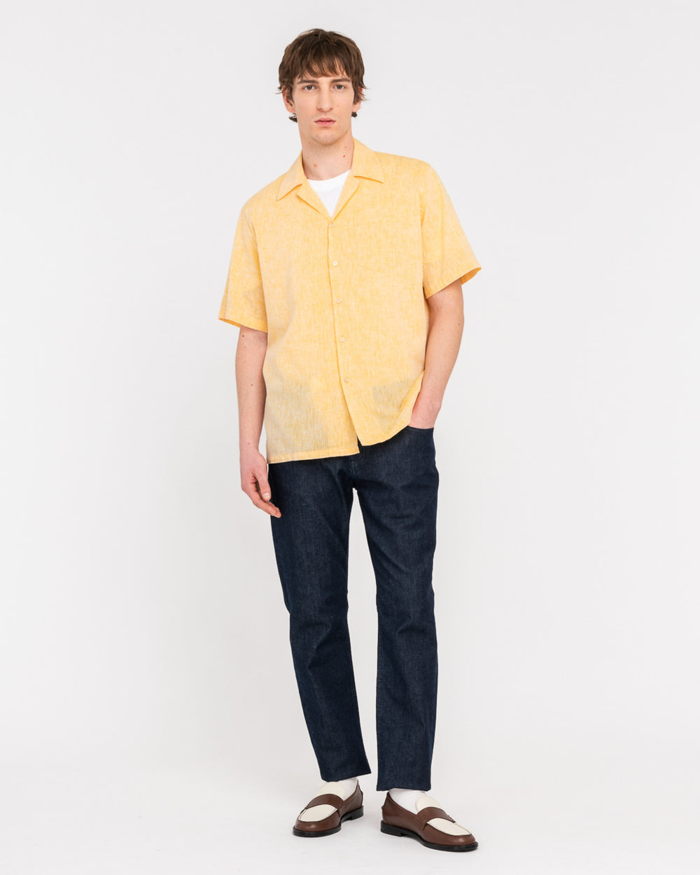 yellow short sleeved linen cotton shirt