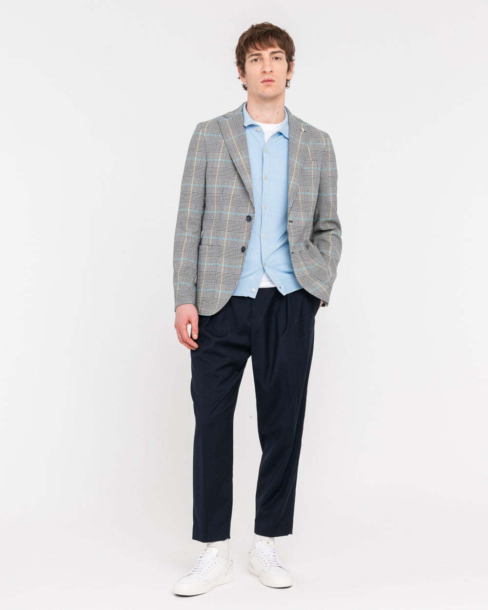 gray prince of wales stretch cotton blend blazer