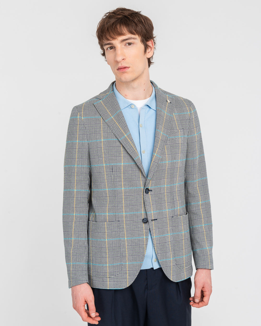 gray prince of wales stretch cotton blend blazer