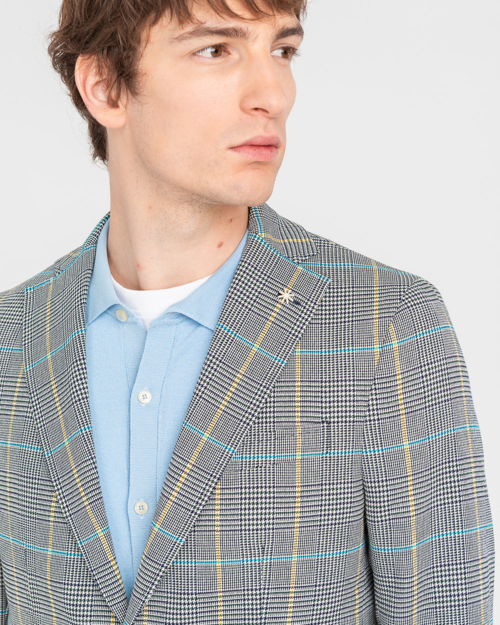 gray prince of wales stretch cotton blend blazer