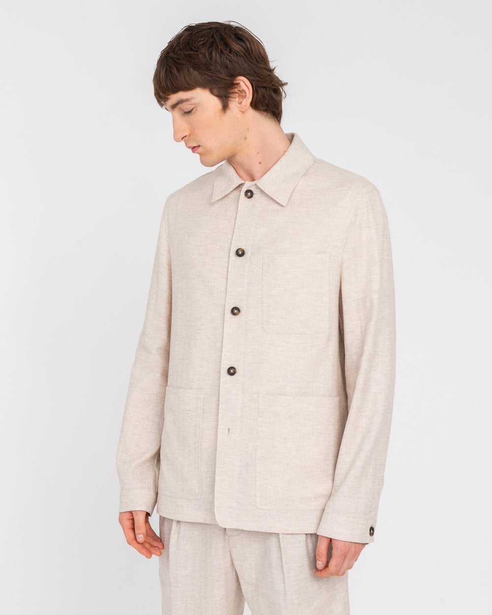 beige linen cotton chevron overshirt